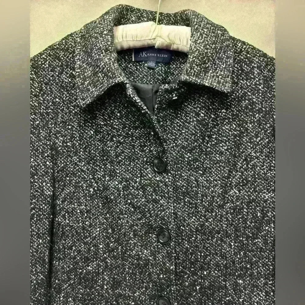 Anne Klein Women's Wool Blend Black and White Tweed Lightweight Coat Large - Picture 3 of 6